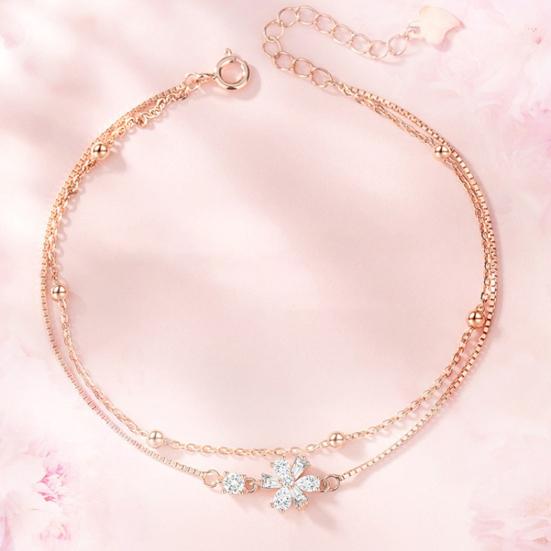 Women Bracelet Double-Layer Cherry Blossom Pendant Bracelet with Rhinestones Inlaid Hollow Design Adjustable Length Bracelet