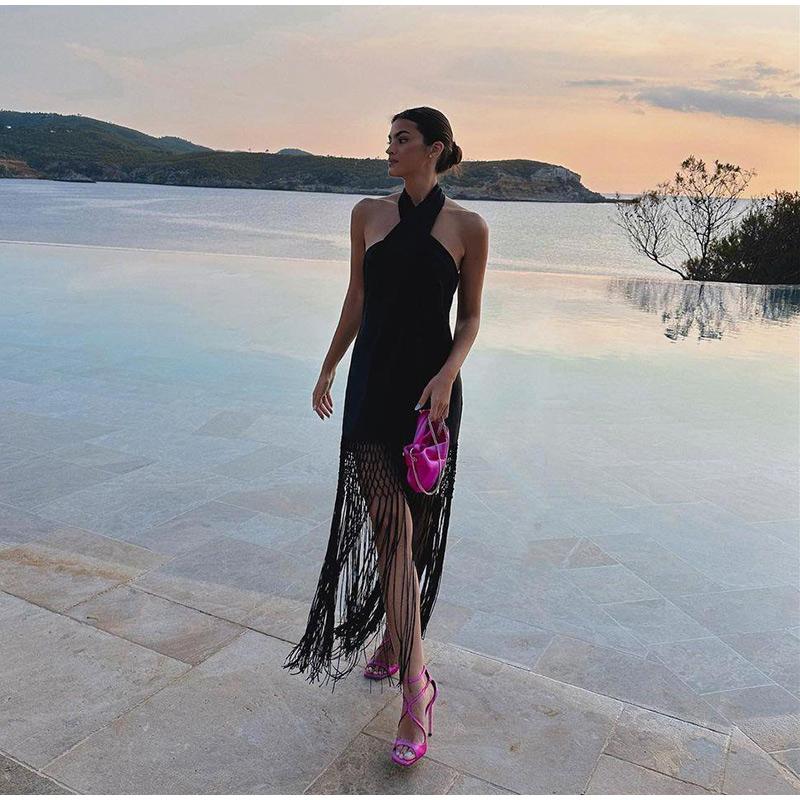 Sexy Halter Kleid Frauen Schwarz Quaste Backless Leinen Ärmellose Weibliche Kleider Mode Strand Lange Dame Vestidos Kleid Weiß Plus Größe kleid