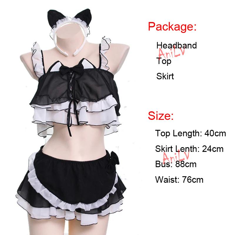 Sexy Dessous Anime Lolita Mädchen Dienstmädchen Katze Uniform Niedlich Rosa Katzenohren Chiffon Kleidung Dienstmädchen Outfit Cosplay Kostüm