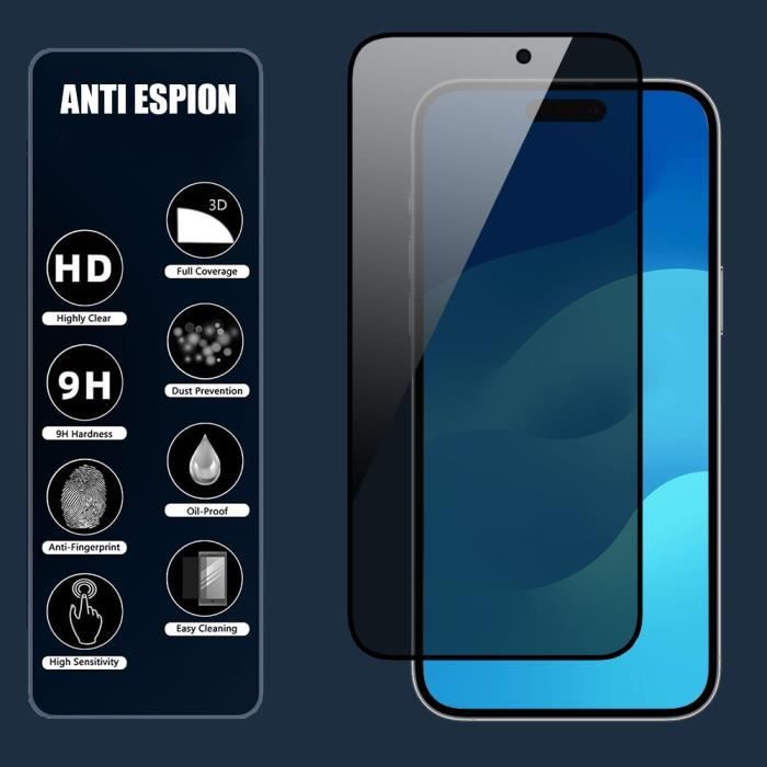 [2 pièces] Verre Trempé Anti-espion pour iPhone 15 Pro Max - Protection d'écran