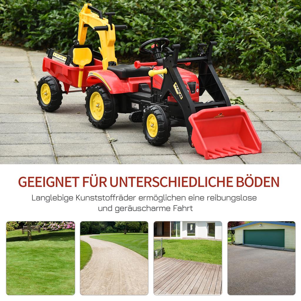 Pedal Tractor with Trailer, Front Loader, Adjustable Bucket, Tractor Pedal Vehicle for Children from 3 Years Red