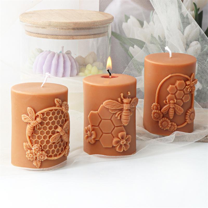 3D Relievo Flower Bee Honeycomb Cylindrical Candle Mold DIY Aromatherapy Soap Gypsum Silicone Mould Craft Gift Home Decor
