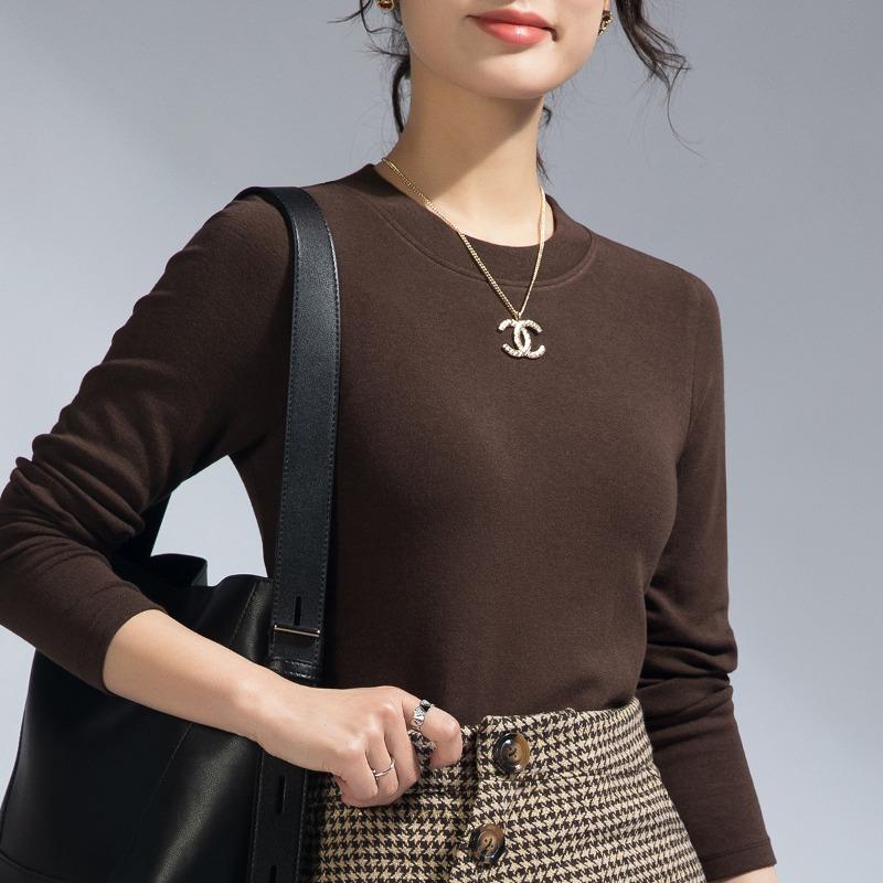 Sheep wool bottoming shirt women's summer model with new long-sleeved t-shirt crew neck slim-fit top black can be worn outside