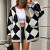 Autumn and Winter Women's Plus Size V-neck Diamond Grid Splicing Color Collision Loose Knitted Cardigan Jacket Sweater