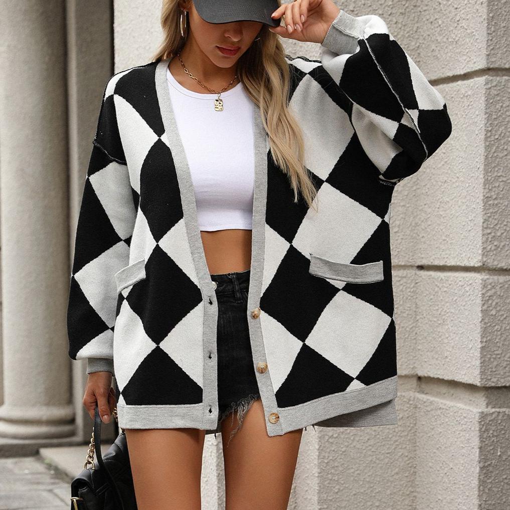 Autumn and Winter Women's Plus Size V-neck Diamond Grid Splicing Color Collision Loose Knitted Cardigan Jacket Sweater
