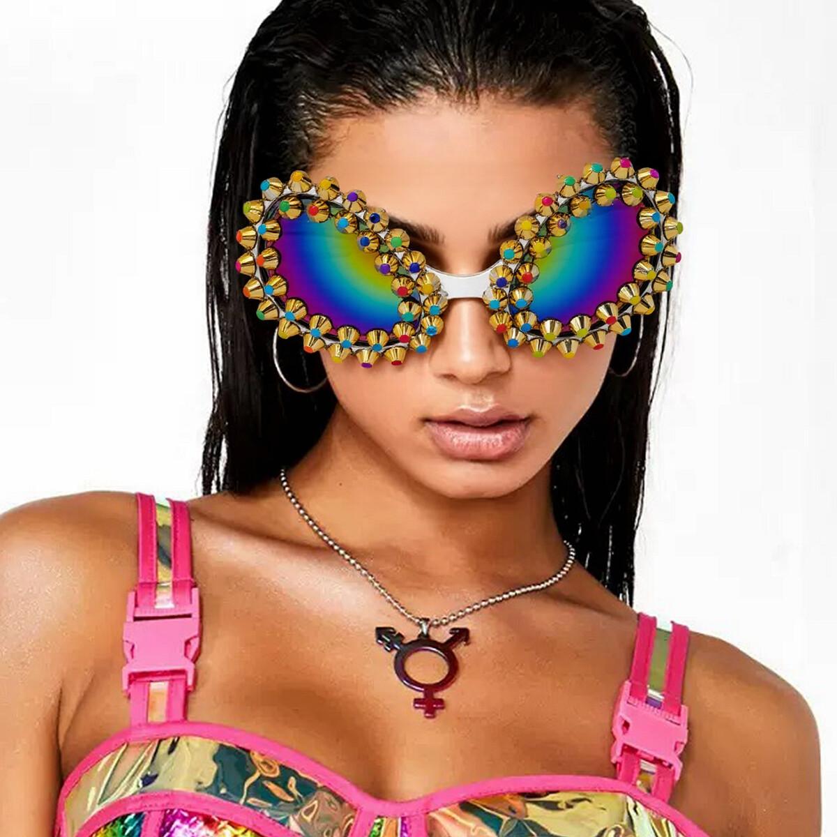 Attractive Glasses Women's Unique Rainbow Spike Alien Sunglasses And Men Funny Festival Ball Style Party Goggles Sun Glasses Metal Chain Punk Shades