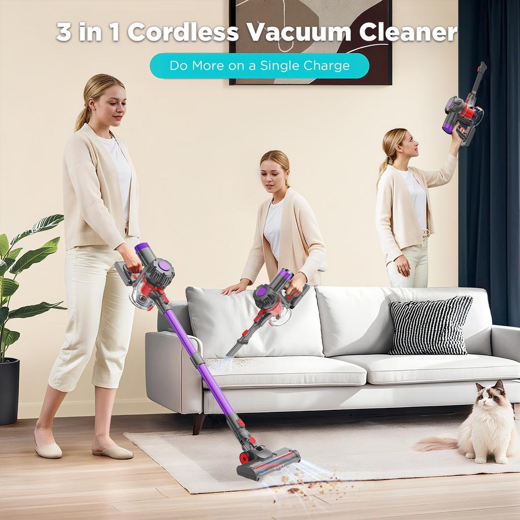 Cordless Vacuum Cleaner, 38000PA/450W 50min 2500mah for Home Pet Hair Carpet Wood Floor