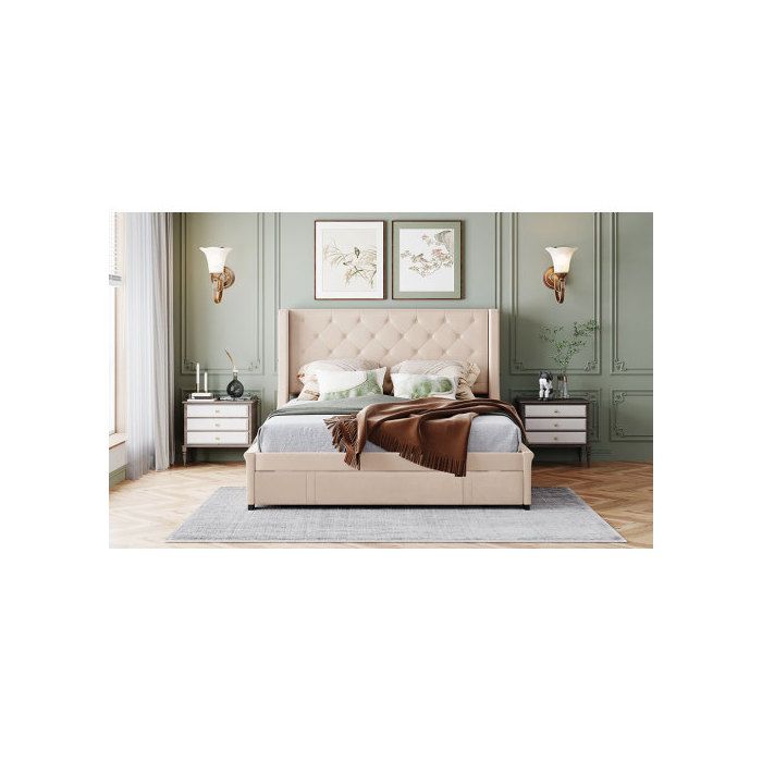 Lit - MUVOE - 140 X 200 Cm - Beige - Avec Sommier À Lattes - Tiroirs De Rangement Intégrés