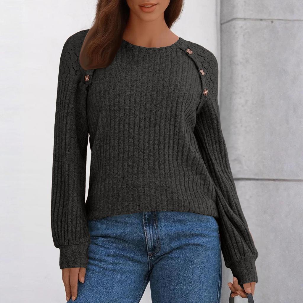 Damen Rundhals Einfarbig Hohlknopf Langarm Lässiger Strick Patchwork Top