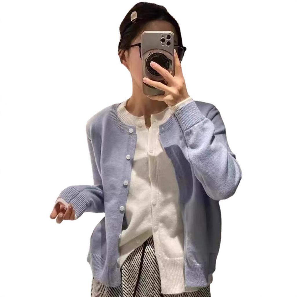 Autumn/Winter Sweater Jacket Round Neck Fake Two Piece Knitted Cardigan Sweater for Women