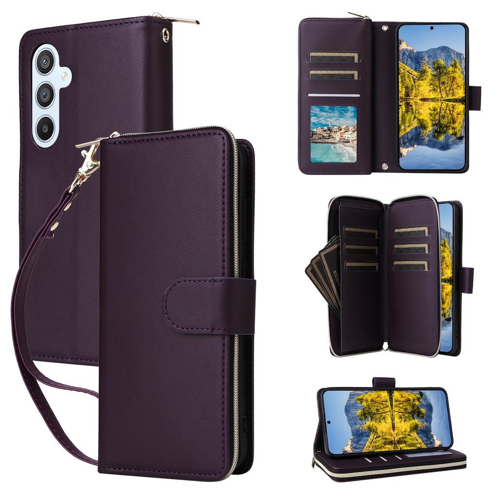 R20 For Samsung Galaxy A54 5G Case 9 Card Slots PU Leather Phone Cover with 2 Straps