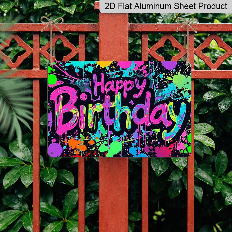 2D Flat, 1pc "Happy Birthday" Graffiti Style Plaque - Colorful Neon Birthday Decor Sign, Black & Multicolor - Aluminium Wall Hanging Decoration for