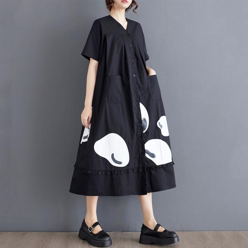 Short Sleeve Plus Size Black Cotton Vintage New In Dresses for Women Casual Loose Long Summer Dress