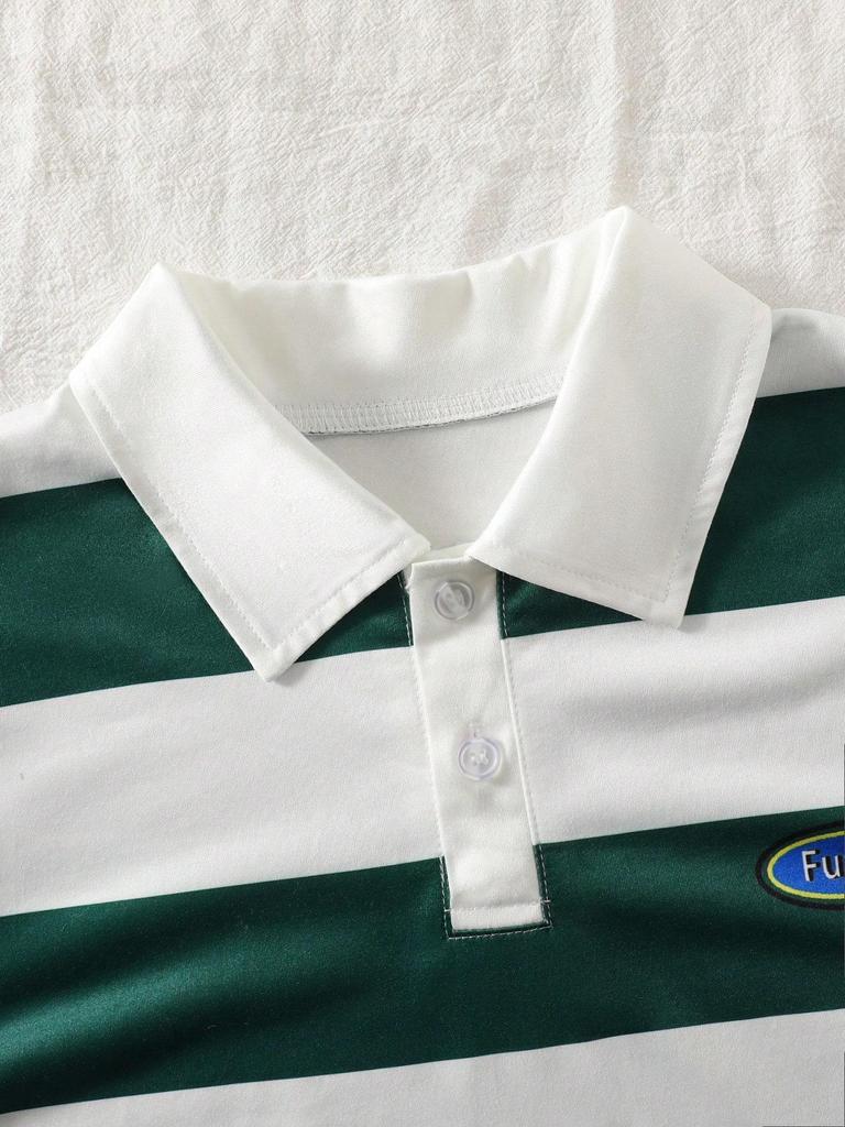 Boys' Casual Preppy Style Classic Everyday Versatile Color-blocked Striped Collar Short-sleeved Polo Shirt for Spring and Summer