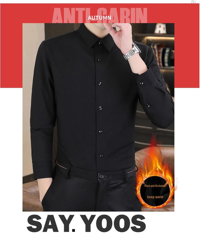 Men's Long Sleeve Thermal Fleece Shirt – Woodpecker Winter Business Casual, Stretch Solid Color, Thick and Lined.