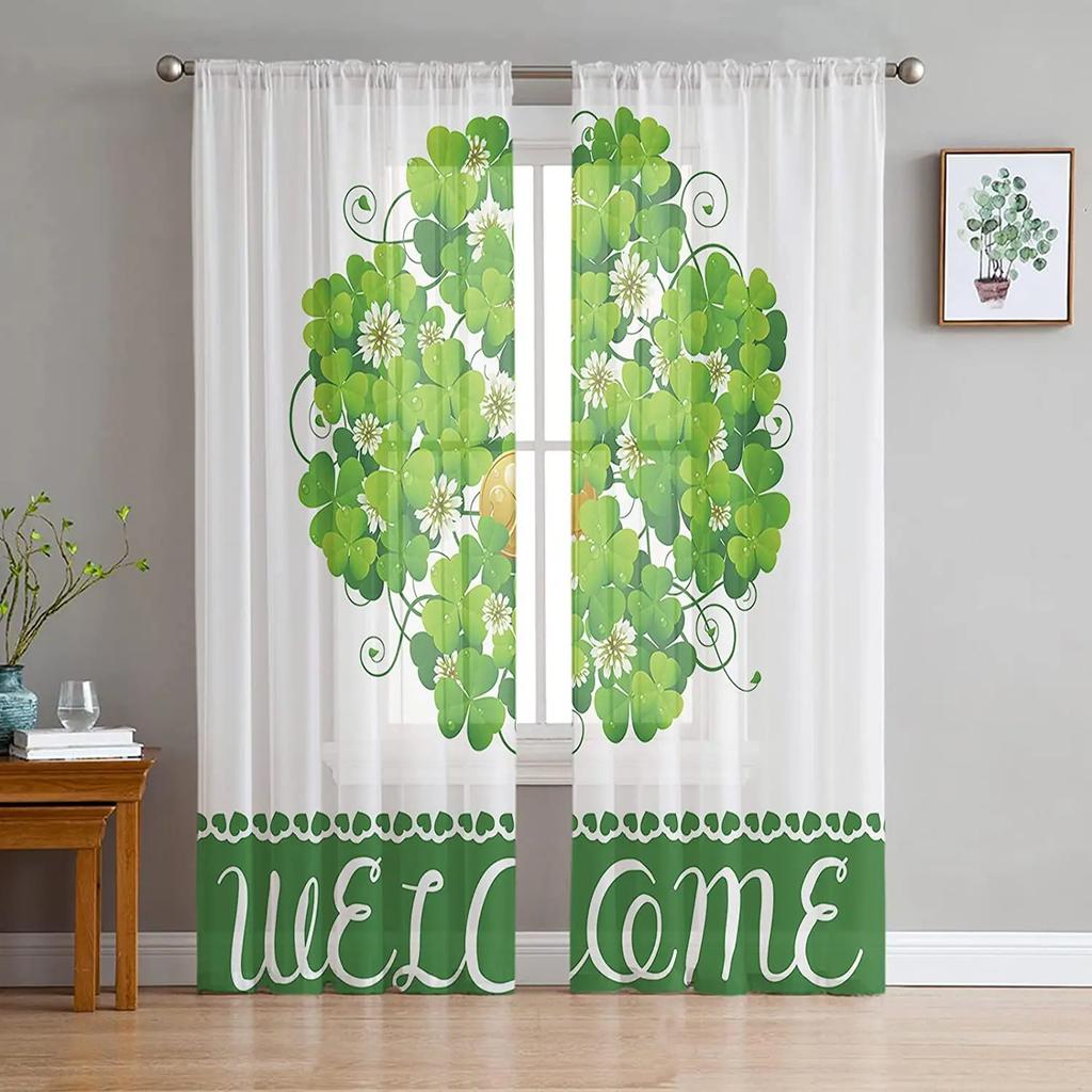 St Patrick Day Clover Lucky Leaves Voile Curtain Living Room Bedroom Kitchen Window Decor Tulle Chiffon Curtains Sheer Polyester Ideal For Area