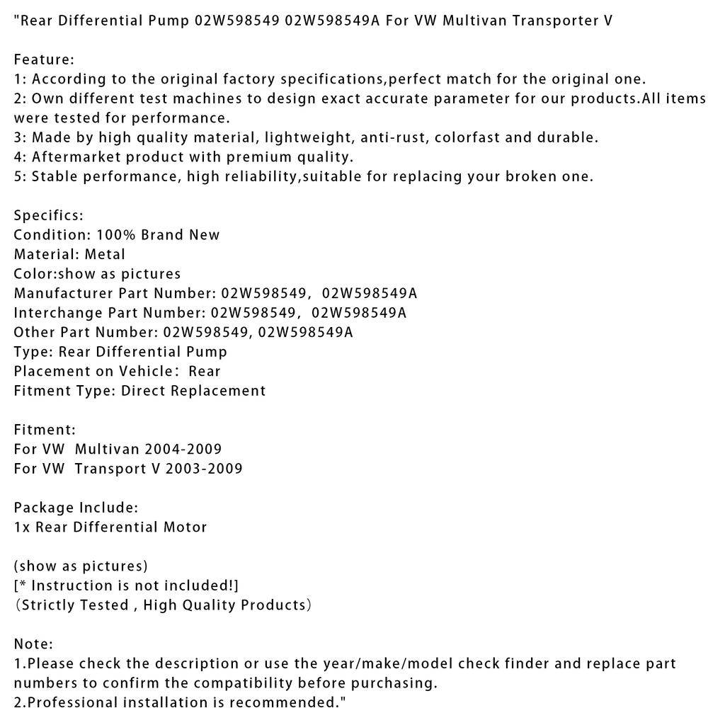 Rear Differential Pump 02W598549 02W598549A For VW Multivan Transporter V