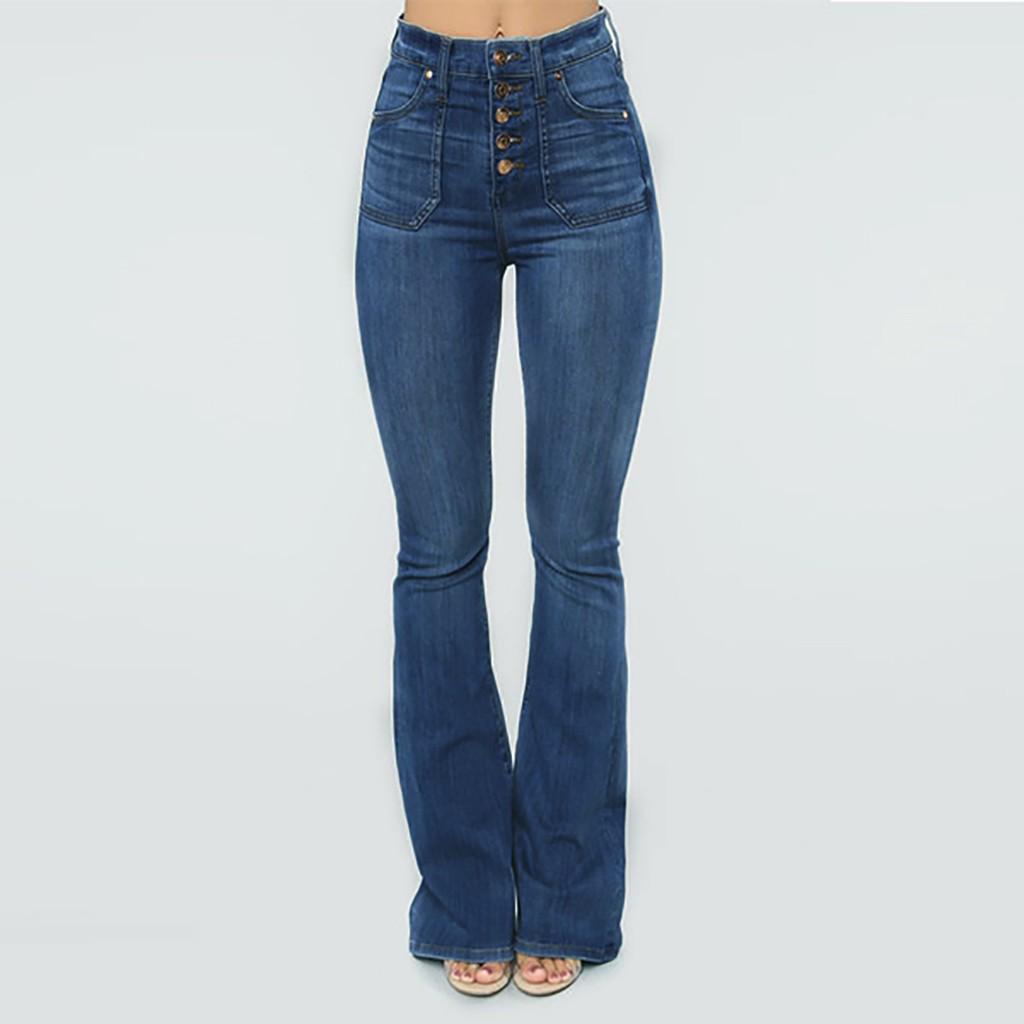 Women Flare Jeans Mid Waist Bell Jeans Stretch Slim Pants Length Jeans