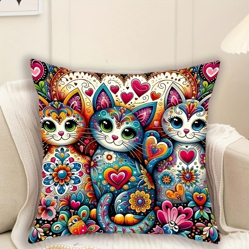 PC Bohemian Vibrant Cat Floral Pillow Cover for Living Room Sofa Home Decor (Pillow Insert Not Included)