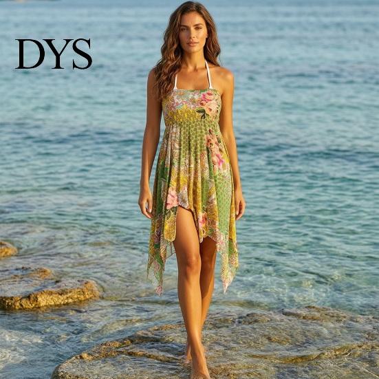 Resort Wear Cover Up Dress Slit Irregular Hem Feather Print Beach Multiway Skirt Breathable Lightweight Sun-Resistant Quick-Drying Swimwear Outerwear
