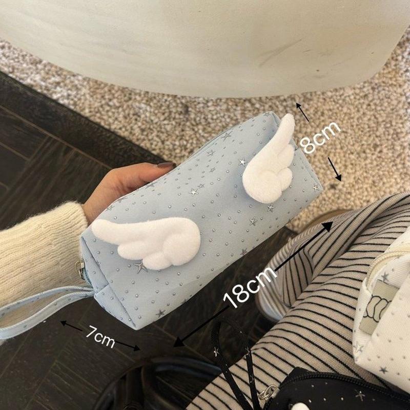 Korean Style Y2K Wings Star Dots Pencil Bag Large Capacity Desktop Stationery Storage Pen Case