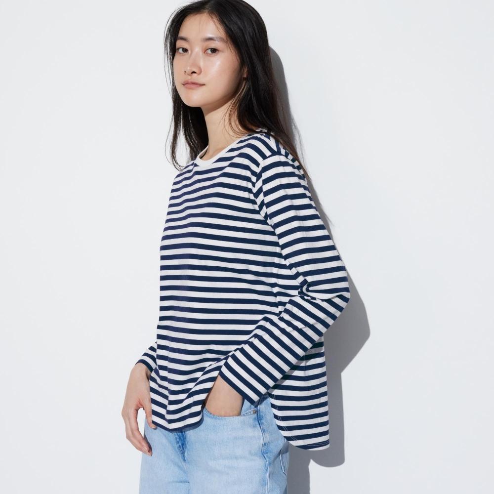 

Футболка UNIQLO из мягкого хлопка в полоску с закругленным краем и длинными рукавами