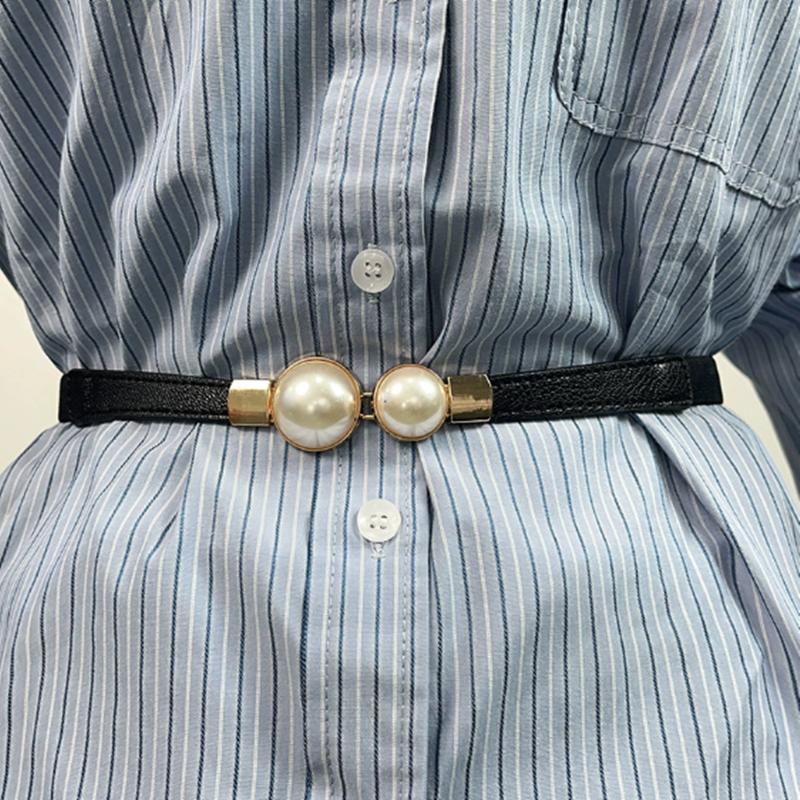 New Elegant Vintage Pearl Waist Chain Belts for Women Korean Style Sweater Jacket Hooks Elastic Slim Fit Leather Belt