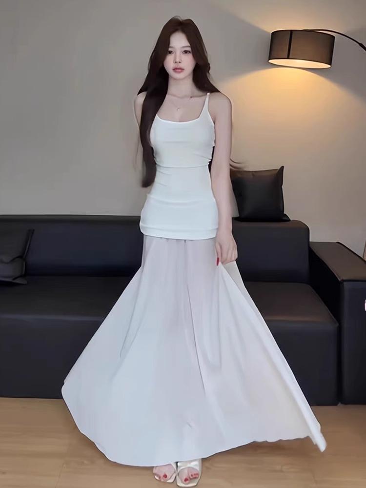 Design Sense Mesh Splicing Suspender Dress Women's Summer Niche Temperament Waist Long Dress Gentle Wind White Skirt