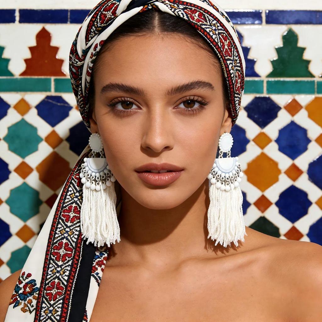 European Style Exotic Long Tassel Earrings with White Rice Beads