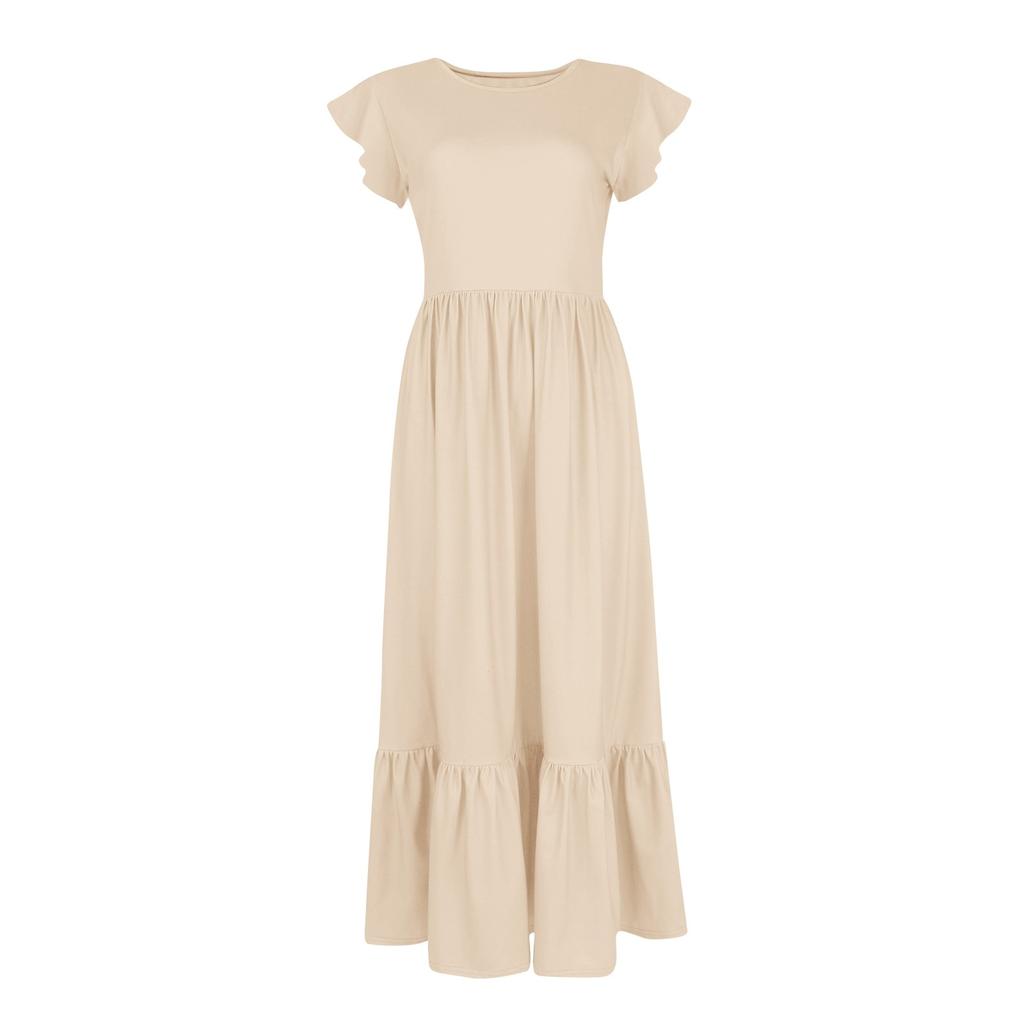 Damen Sommer Freizeitkleider Kurzarm Rundhalsausschnitt Locker Fließendes Strandkleid Mit Taschen