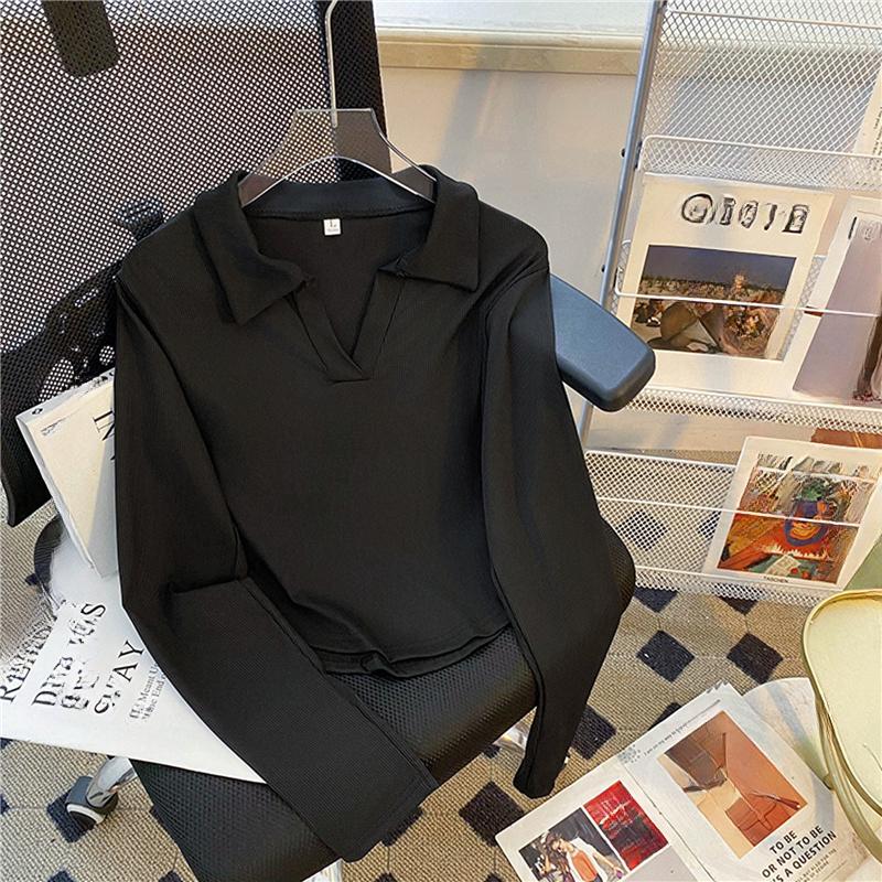 Jaro podzim Dámské triko s polo výstřihem Harajuku pevné slim triko s dlouhým rukávem nepravidelná krátká trička pro dámské crop topy Femme