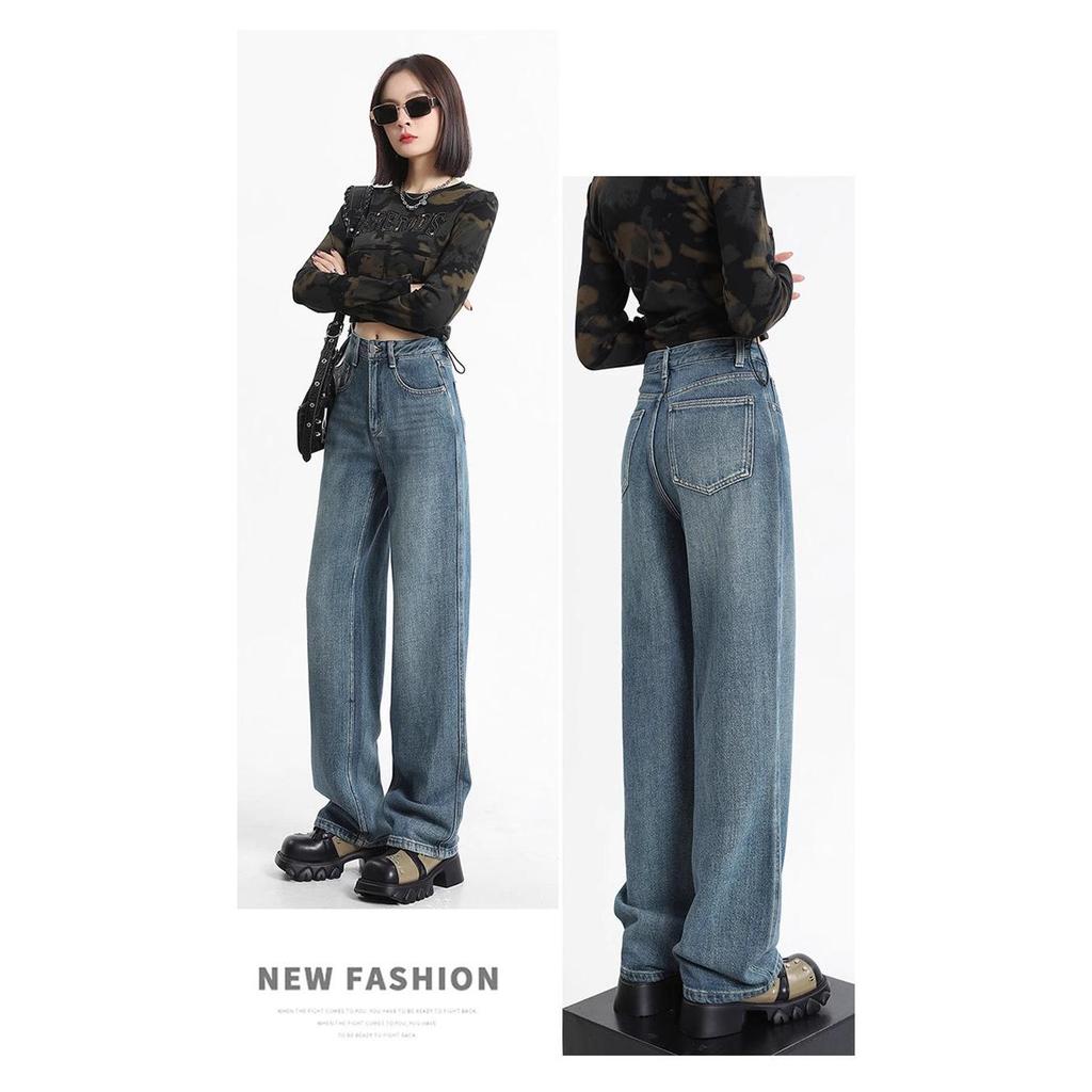 Women's Retro Loose Wide-Leg Jeans - Pear Shape, Long, Mopping Style for Spring & Autumn.