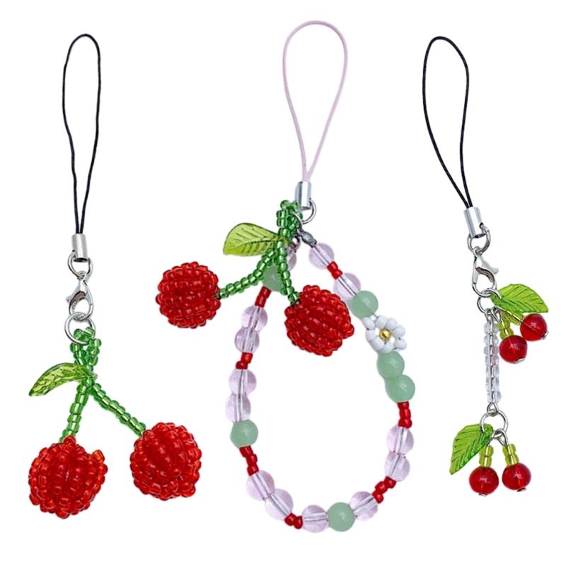 Fashion Beaded Cherry Phone Charm Straps Car Keys Hanging Pendants Y2K Style Bag Decoration Lanyard Purse Accessories