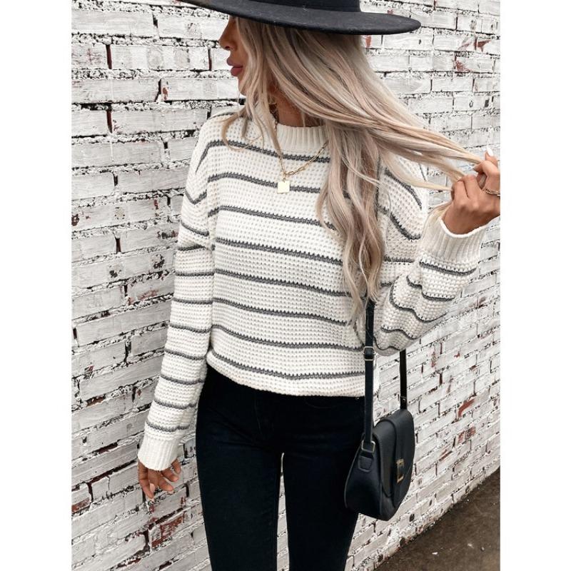 Dámské podzimní a zimní pletené zboží Evropský a americký zahraniční obchod Ležérní pulovr Žinylkový pruhovaný svetr