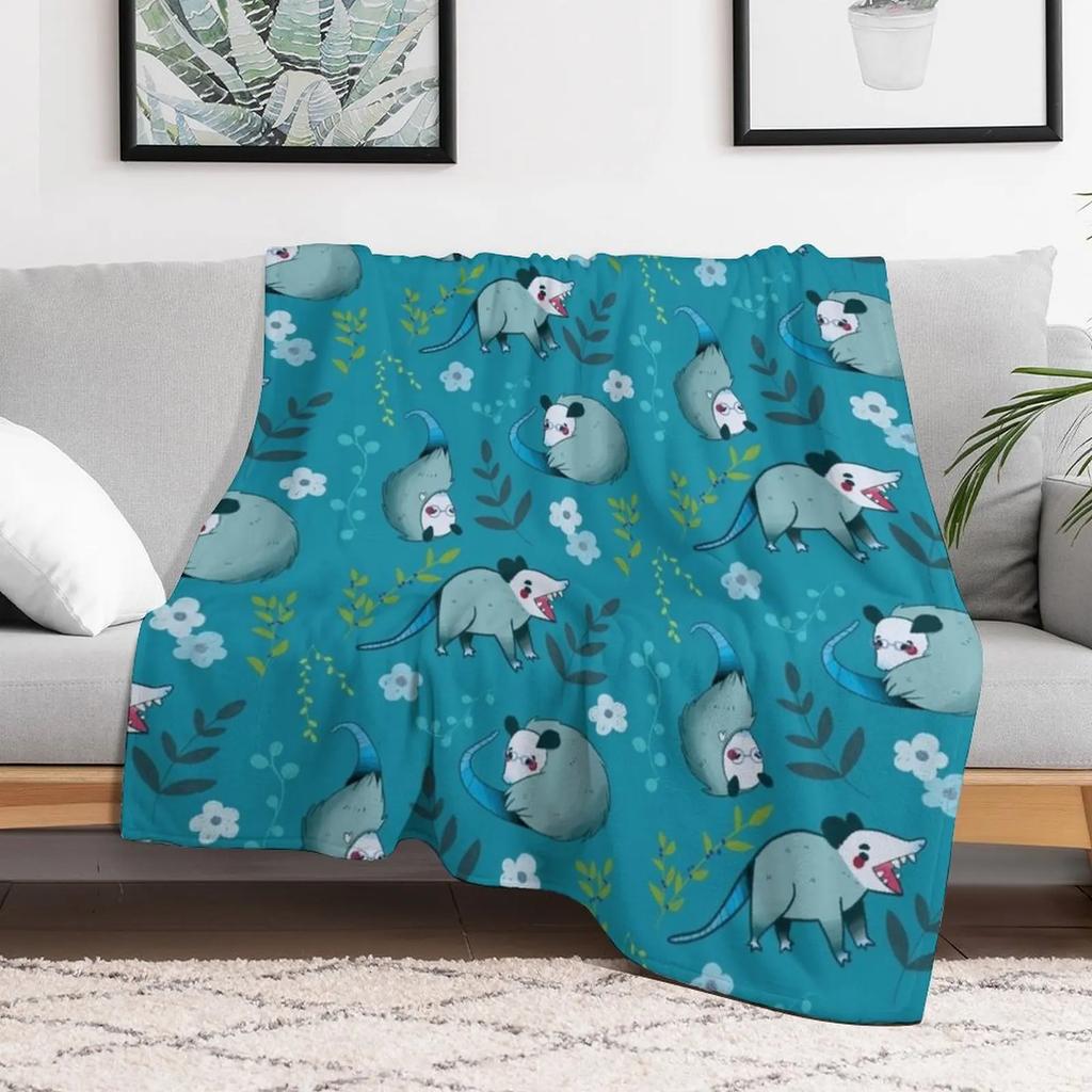 Possum Cute Blue and Green Cartoon Animal Pattern Throw Blanket Color Fast Cozy Throw Blanket