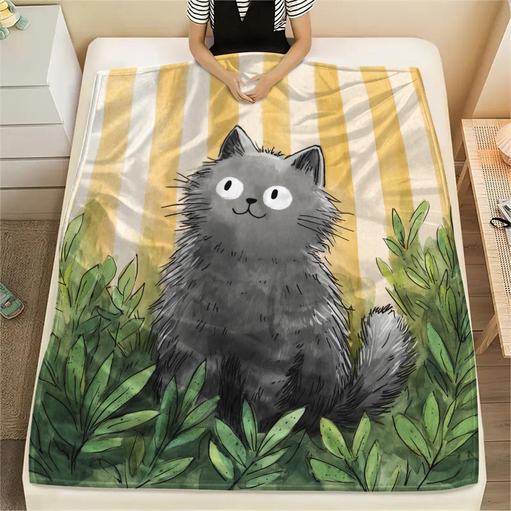 

Striped Grass Cat Print Flannel Blanket, High quality Comfortable for All Seasons, Home Decor, Warmth and Comfort 80cm x 120cm