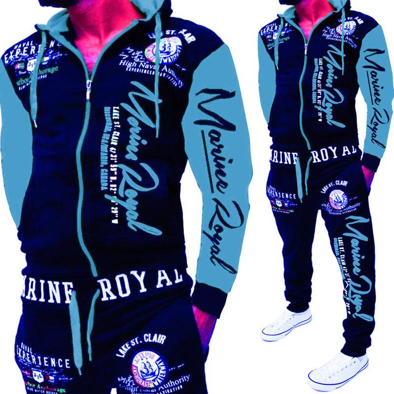 Tuta da uomo Marine Royal stampata con cappuccio, maniche e pantaloni a contrasto