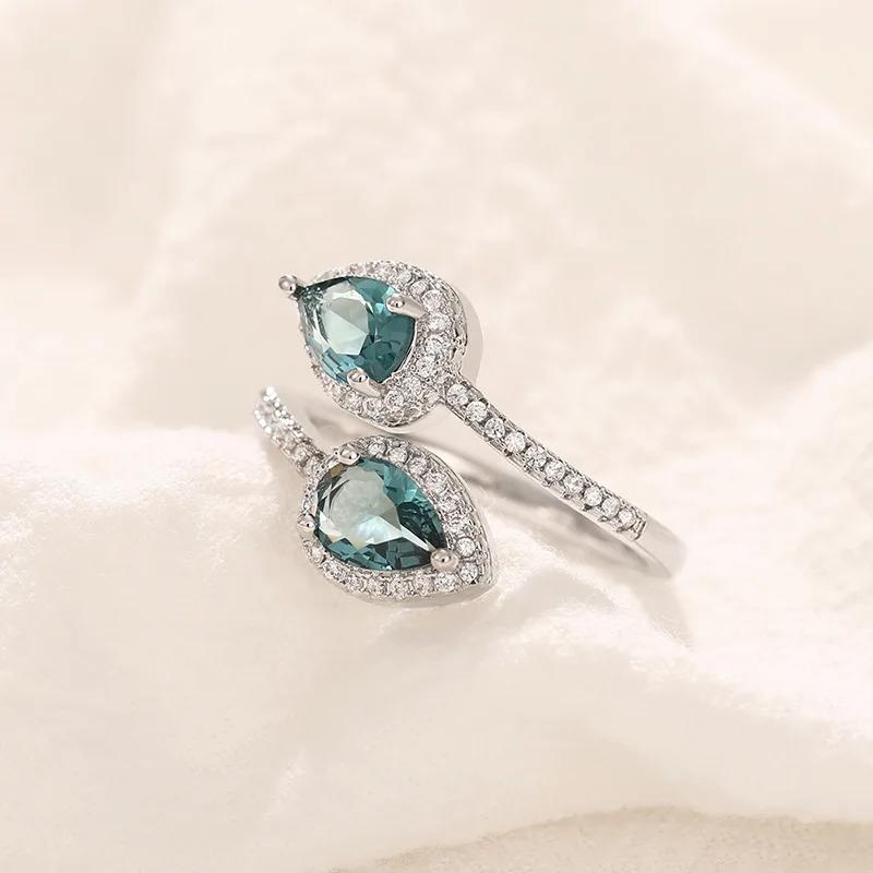 Classic Female Rings   Sterling Silver Water Droplet Blue Zircon Adjustable Rings for Women Promise Love Wedding