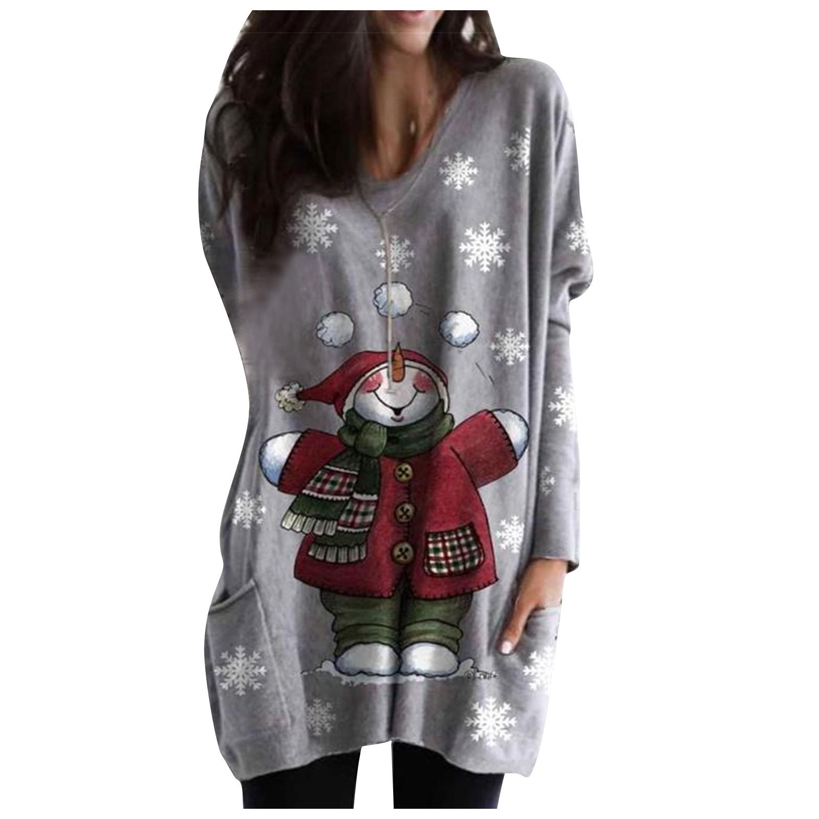 

Женский повседневный модный топ с длинными рукавами и карманами средней длины с рождественским принтом Merry Christmas XL белый