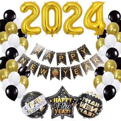 32 Inch 2024 New Year Balloons Set Letter Print Golden Starburst 2024 Number Balloons Party Decorations Set Party Supplies