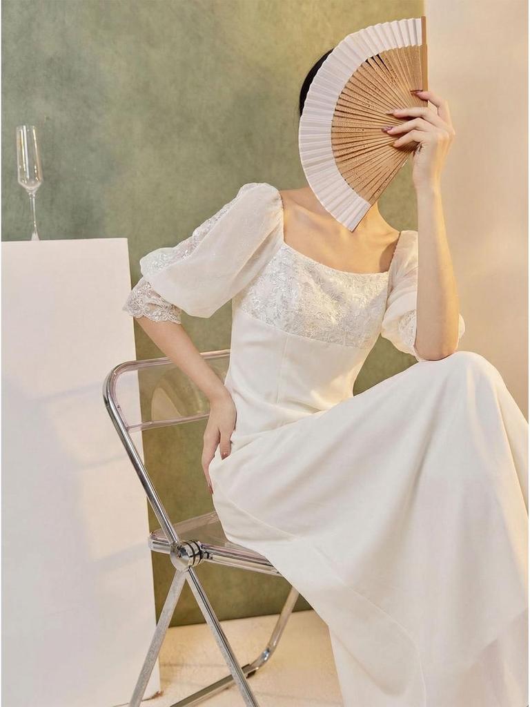 2026 Spring/Summer Luxury Chinese Style White Slimming Lace Dress for Women - P0109