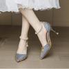 Mode 2024 Neue Mode Perlenriemen High Heels Damen Stilettoabsatz Spitze Pumps