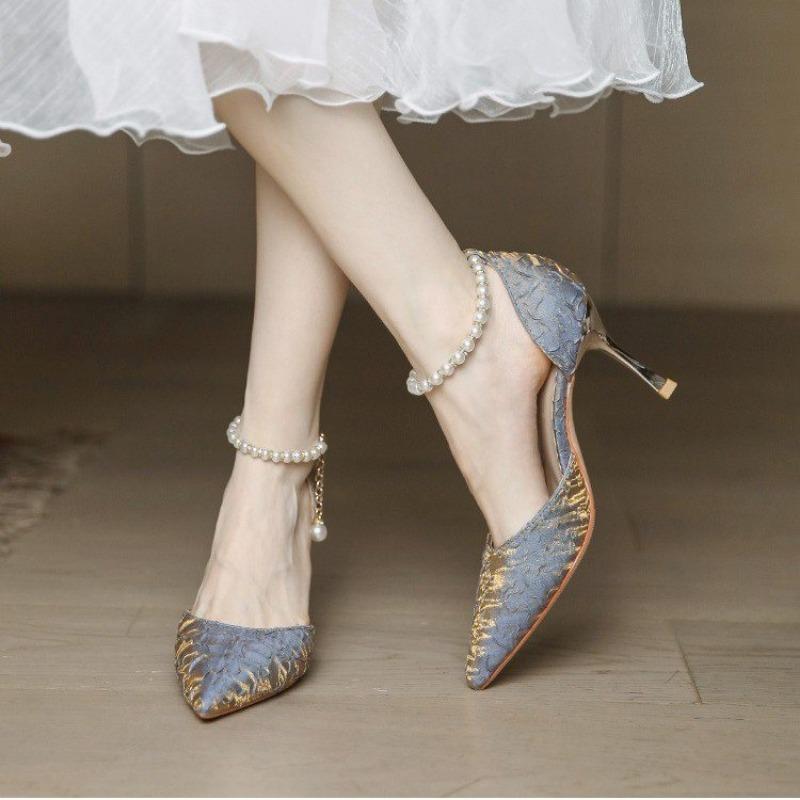 Mode 2024 Neue Mode Perlenriemen High Heels Damen Stilettoabsatz Spitze Pumps