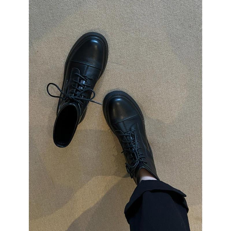 British Style Black Martin Boots Women's Round Head Thick Heel Thin Boots Thick-soled Strap Thin Short Boots
