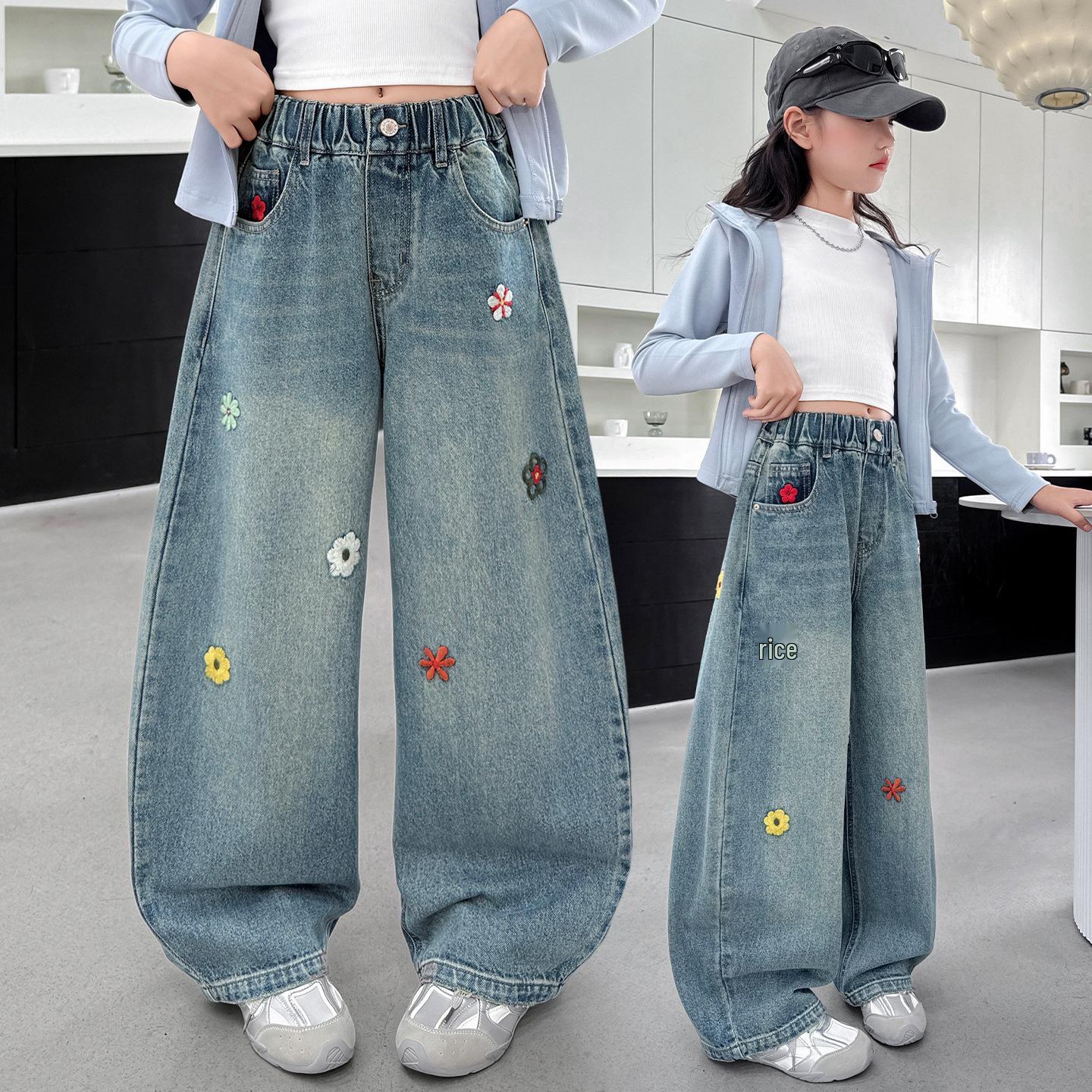 

2025 Girls Scimitar Flower Wide-Leg Jeans for Spring and Autumn 120cm синий