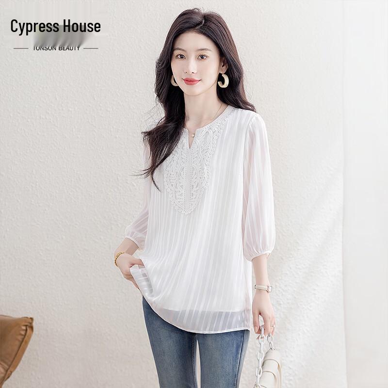 Sibaishe Women s Striped Lace Patchwork Seven-Quarter Sleeve Top S