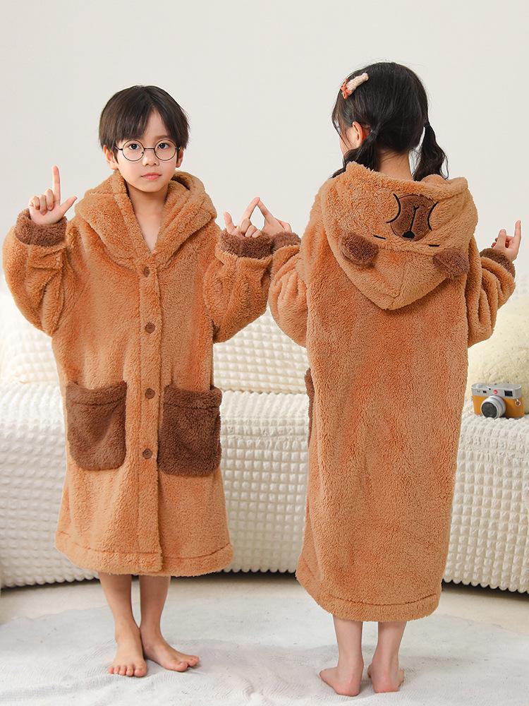Dicke Kapibara Kinder-Schlafanzüge aus Korallenfleece - Herbst & Winter Langer Bademantel für Jungen, Mädchen & Babys