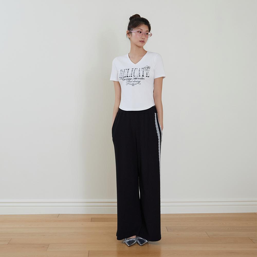 Egoiseuteu [Blue Label] V-Neck Lace Patch Short Sleeve T-Shirt Es2Oth04