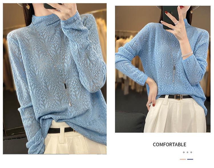 2025 Spring Worsted Wool Knit Sweater: Half-High Neck, Long Sleeve, Floral Hollow Design Pullover