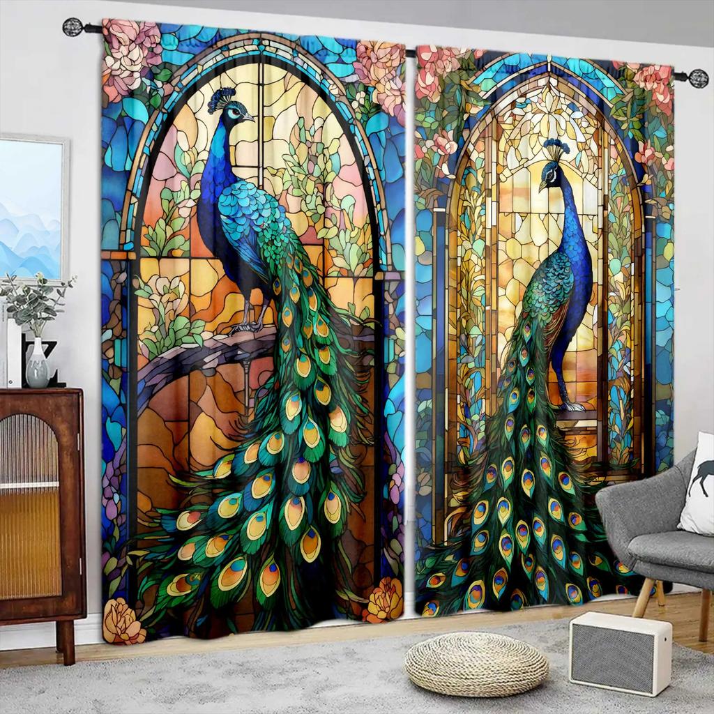 JIT 2pcs Floral Peacock Print Curtains Room Darkening Rod Pocket Polyester Window Drapes Home Decor for Living Room Bedroom